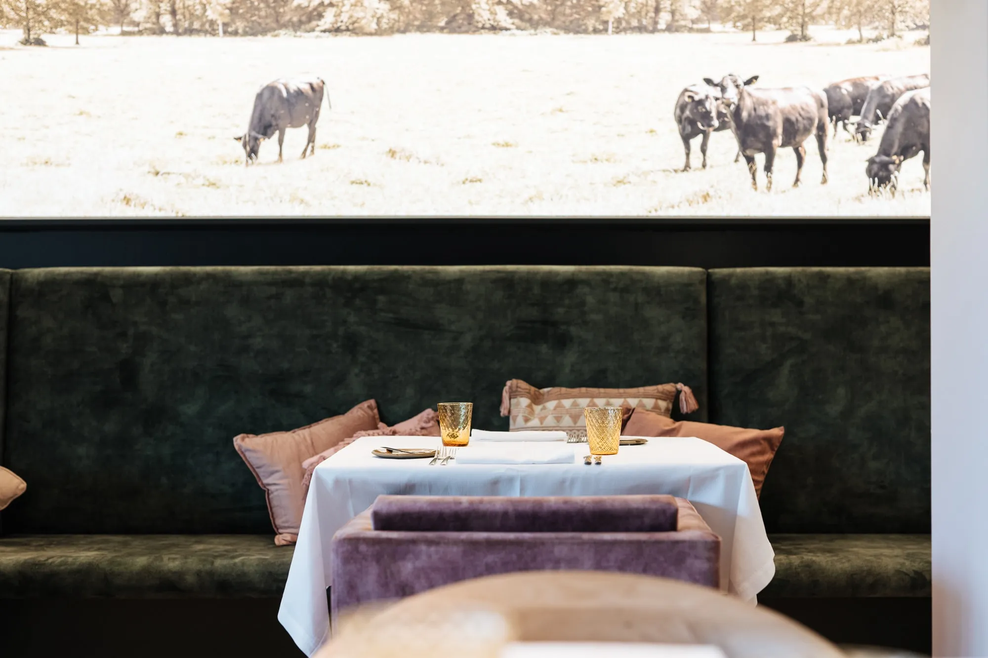 Een gedekte tafel met wit linnen en amberkleurige glazen aan de groene bank, onder de wandfoto van de Black Angus-runderen